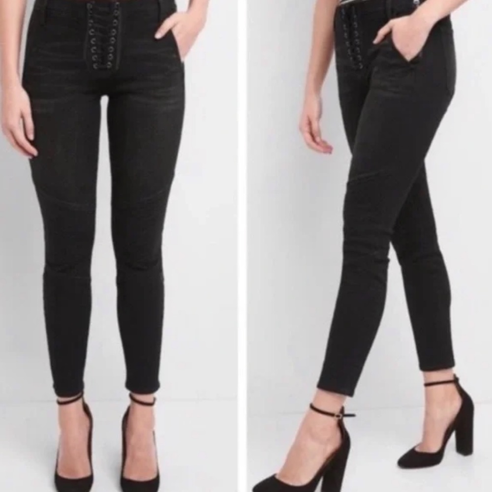 Gap True Skinny Moto Black Jean Pant Zipper Front Tie Lace size 30